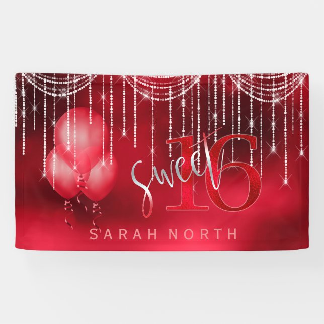 String Lights & Balloons Sweet 16 Red ID473 Banner (Horizontal)