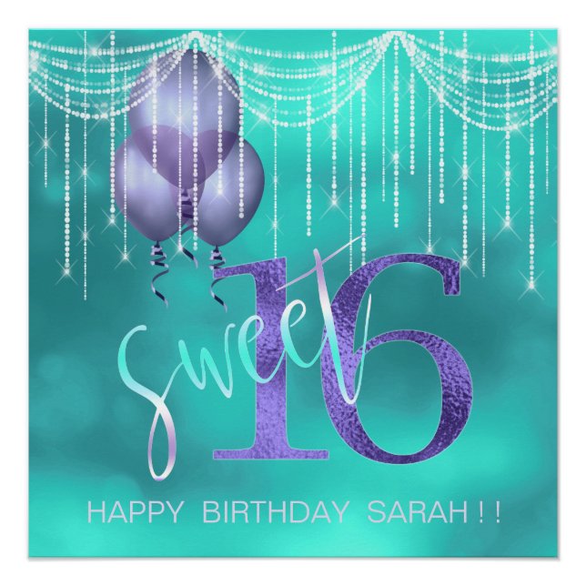 String Lights & Balloons Sweet 16 TealPurple ID473 Poster (Vorderseite)