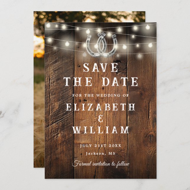 String Lights Barn Wood Photo Western Wedding  Save The Date (Vorne/Hinten)
