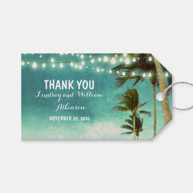 String Lights Beach Palms Ombre Aquamarin Wedding Geschenkanhänger (Vorderseite (Horizontal))