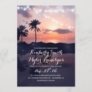 String Lights Beach Palms Sunset Wedding Einladung