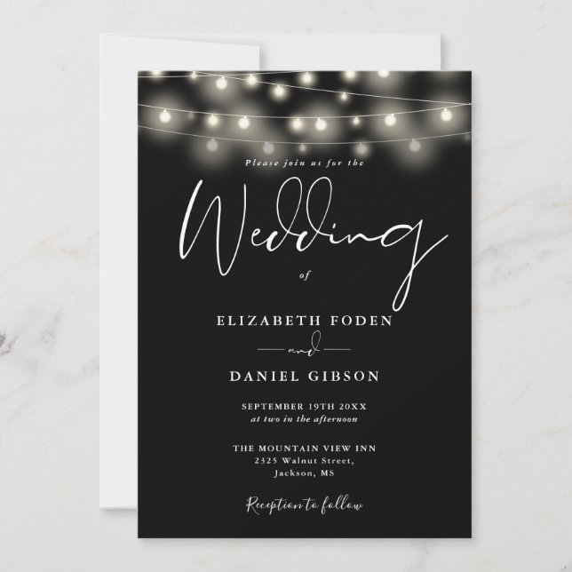 String Lights Black And White QR Code Wedding Einladung (Vorderseite)