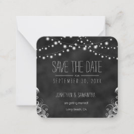 String Lights Black Chalkboard Save the Date Mitteilungskarte