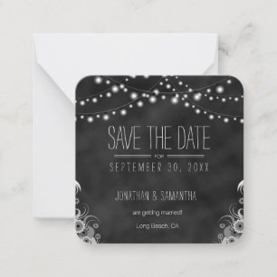String Lights Black Chalkboard Save the Date Mitteilungskarte
