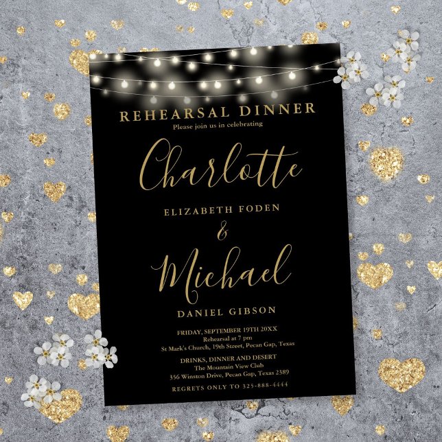 String Lights Black Gold Script Probe Dinner Einladung (String Lights Black Gold Script Rehearsal Dinner Invitation)