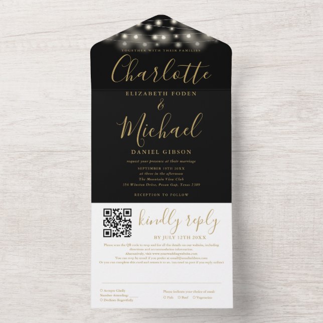 String Lights Black Gold Script QR Code Hochzeit All In One Einladung (Innen Boden)