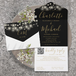 String Lights Black Gold Script QR Code Hochzeit All In One Einladung