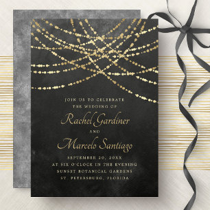 String Lights Black Gold Wedding Einladung