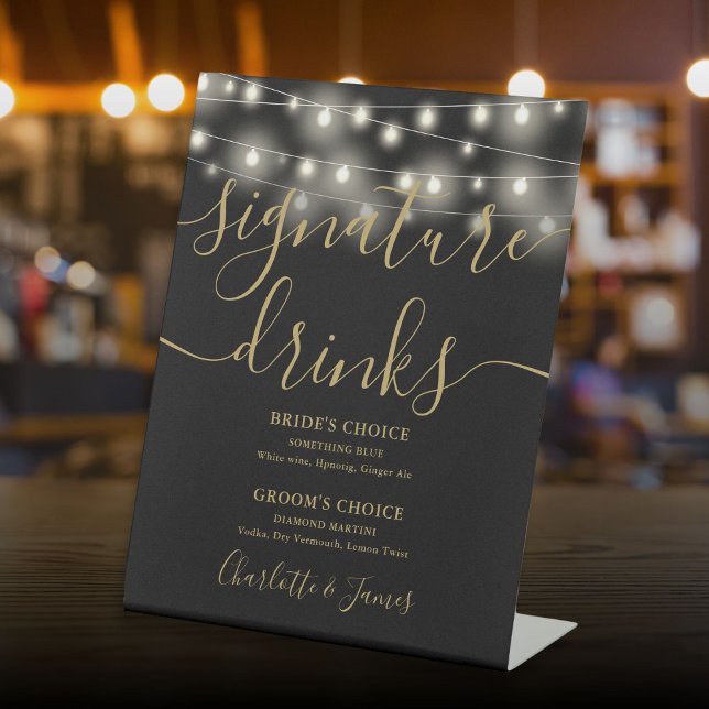 String Lights Black Gold Wedding Signature Drinks Sockelschild (String Lights Black Gold Wedding Signature Drinks Pedestal Sign)