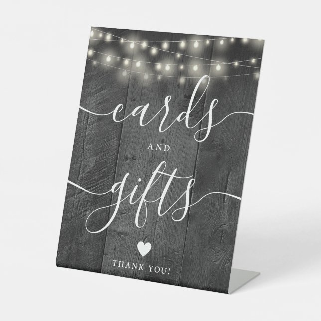 String Lights Black Wood Script Cards und Geschenk Sockelschild (Vorderseite)