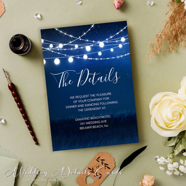 String Lights Blue and Silver Wedding Details Card Begleitkarte (Von Creator hochgeladen)