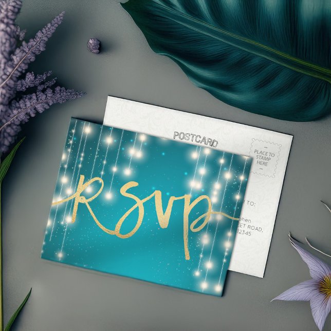 String Lights Blue Gold Script Wedding RSVP Antwor Einladungspostkarte (Von Creator hochgeladen)