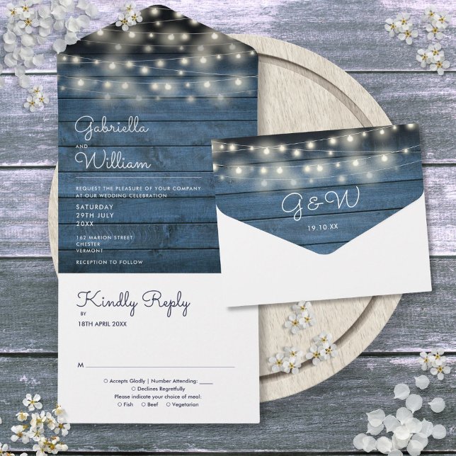 String Lights Blue Rustic Wood Monogram Wedding All In One Einladung (String Lights Blue Rustic Wood Monogram Wedding All In One Invitation)