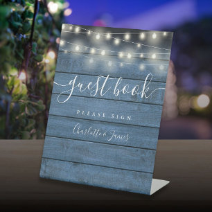 String Lights Blue Rustic Wood Script Gästebuch Sockelschild