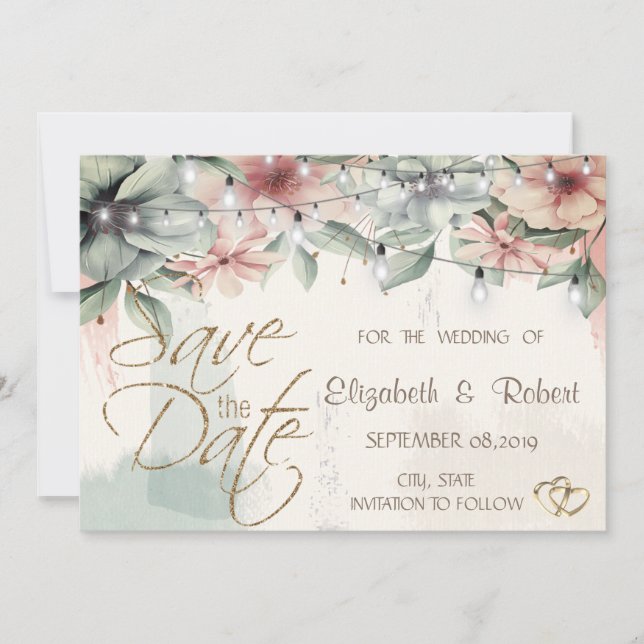 String Lights, Brush Stroke, floral Save the Date (Vorderseite)