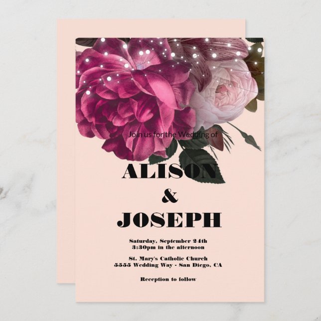 String Lights Burgundy Blume Einladung Hochzeit (Vorne/Hinten)