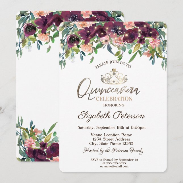 String Lights Burgundy Blume Quinceañera Einladung (Vorne/Hinten)