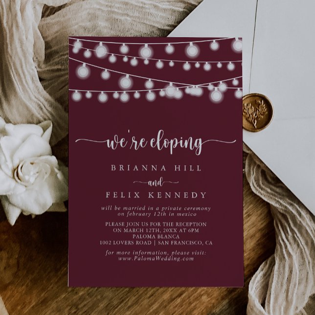 String Lights Burgundy Elopement Empfang Einladung (Von Creator hochgeladen)