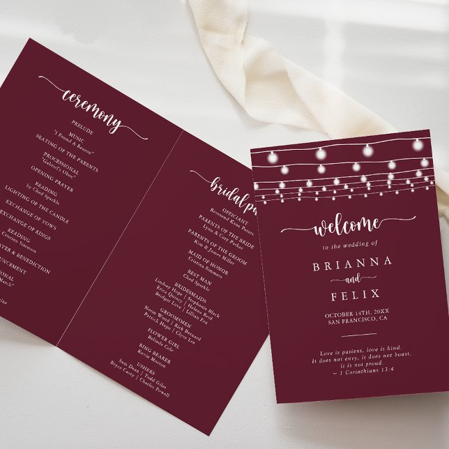 String Lights Burgundy Folded Wedding Programm (Von Creator hochgeladen)