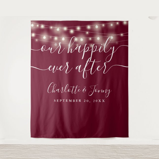 String Lights Burgundy Wedding Foto Background Wandteppich (Vorderseite)