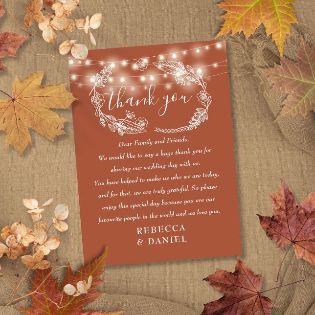 String Lights Danke Terracotta Wedding Platzkarte (String Lights Thank You Terracotta Wedding Place Card)