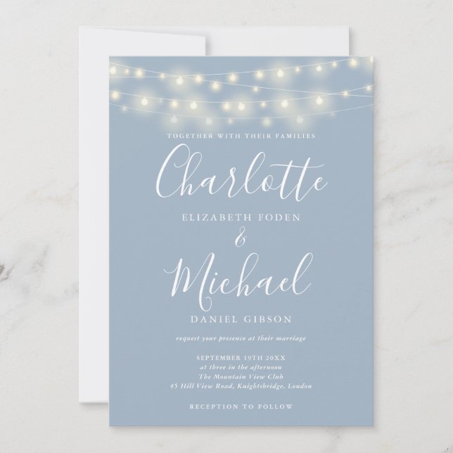 String Lights Dusty Blue Elegant Script Wedding Einladung (Vorderseite)