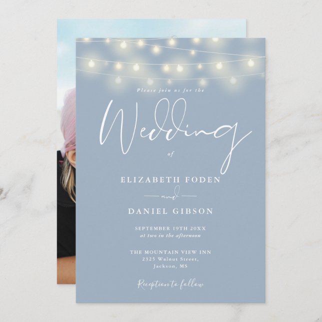 String Lights Dusty Blue Photo Wedding Einladung (Vorne/Hinten)