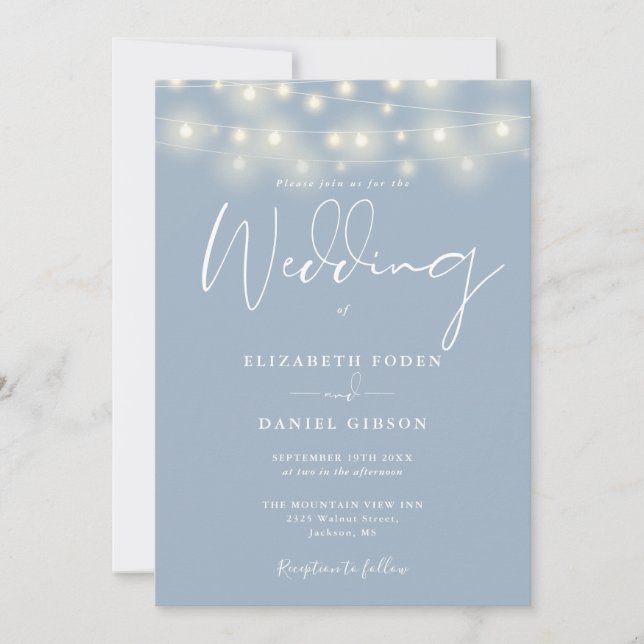 String Lights Dusty Blue QR Code Wedding Einladung (Vorderseite)