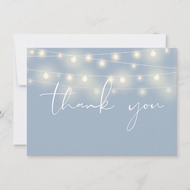 String Lights Dusty Blue Script Calligraphy Dankeskarte (Vorderseite)