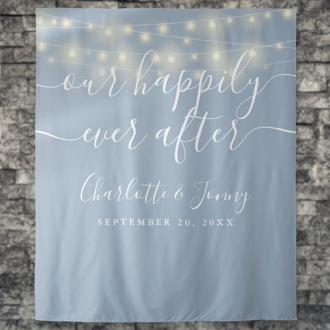String Lights Dusty Blue Wedding Foto Background Wandteppich (String Lights Dusty Blue Wedding Photo Backdrop)