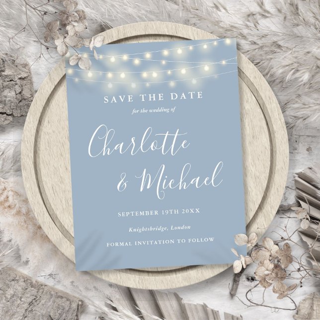 String Lights Dusty Blue Wedding Save the Date Postkarte (String Lights Dusty Blue Wedding Save the Date Postcard)