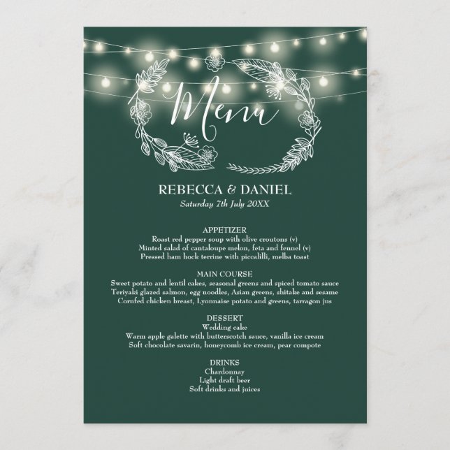 String Lights Emerald Green Floral Wedding Menükarte (Vorderseite)