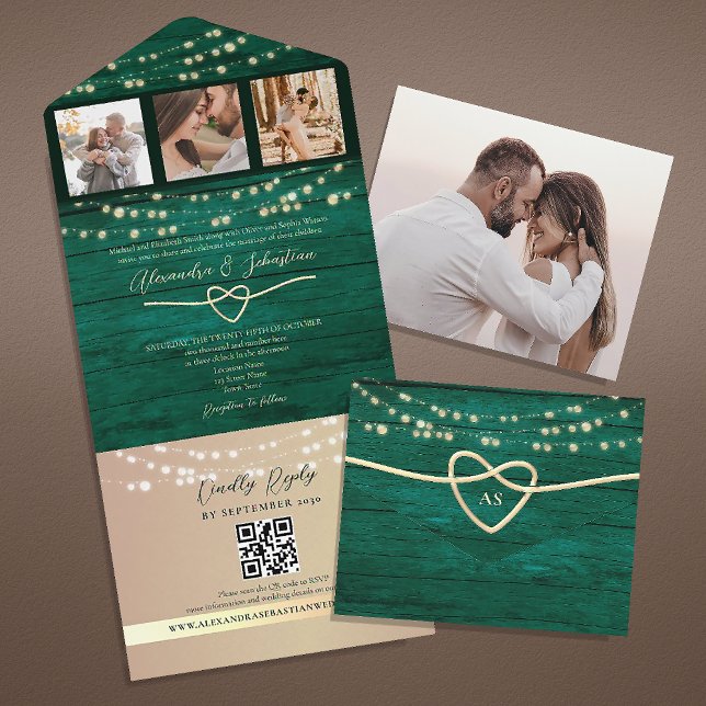 String Lights Emerald Green Wedding QR Code All In One Einladung (Von Creator hochgeladen)