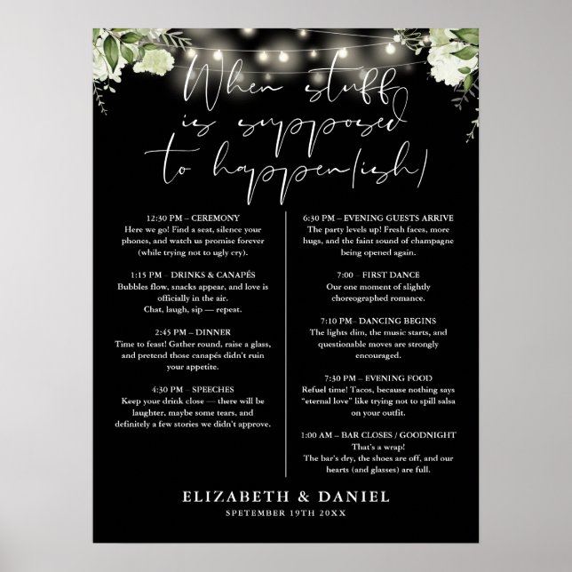 String Lights Floral Black White Wedding Itinerary Poster (Vorne)