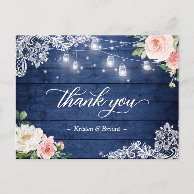 String Lights Floral Blue Wedding Vielen Dank Postkarte (Vorderseite)