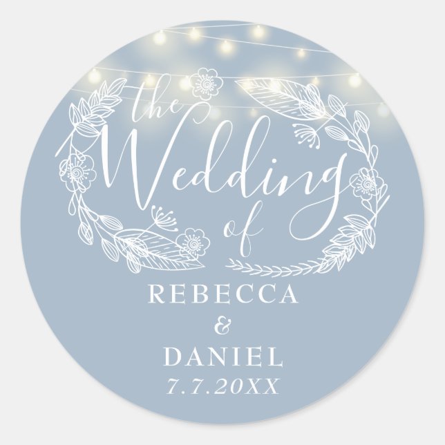 String Lights Floral Dusty Blue Wedding Runder Aufkleber (Vorderseite)