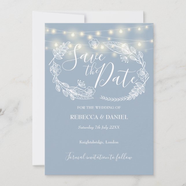 String Lights Floral Dusty Blue Wedding Save The Date (Vorderseite)