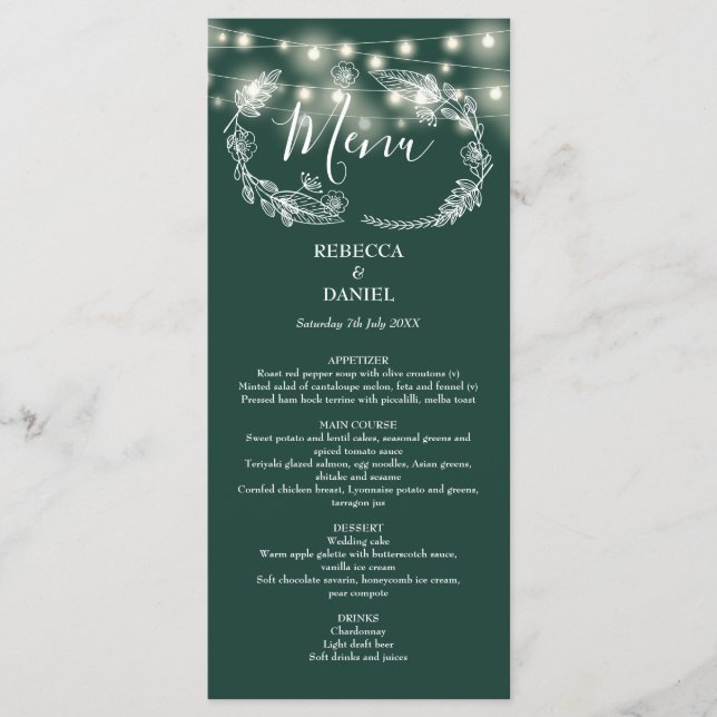 String Lights Floral Emerald Green Wedding Menükarte (Vorderseite)