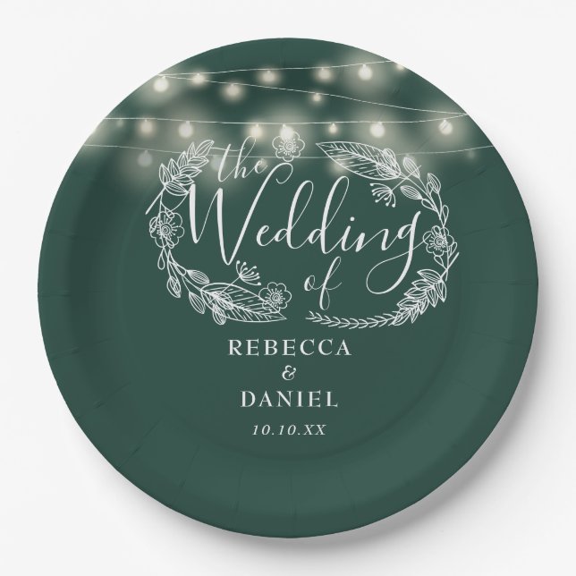 String Lights Floral Emerald Green Wedding Pappteller (Vorderseite)