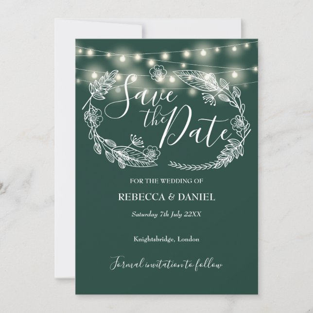 String Lights Floral Emerald Green Wedding Save The Date (Vorderseite)