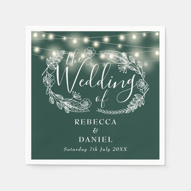 String Lights Floral Emerald Green Wedding Serviette (Vorderseite)