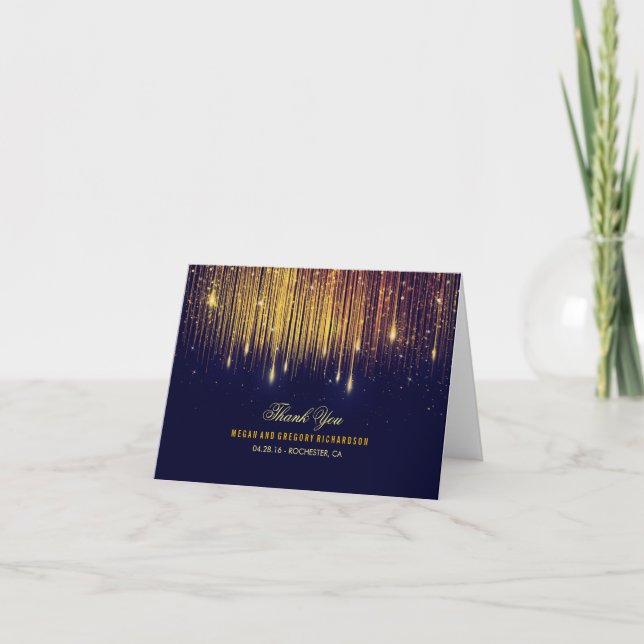 String Lights Gold and Navy Wedding Vielen Dank Dankeskarte (Vorderseite)