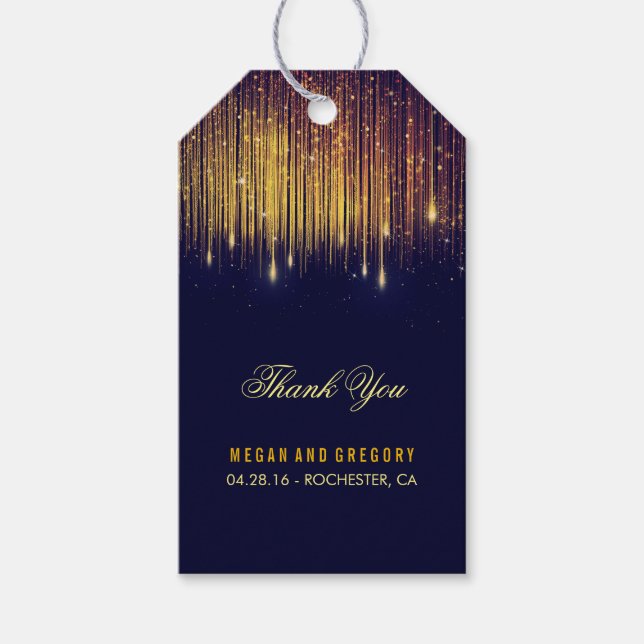 String Lights Gold and Navy Wedding Vielen Dank Geschenkanhänger (Vorderseite)