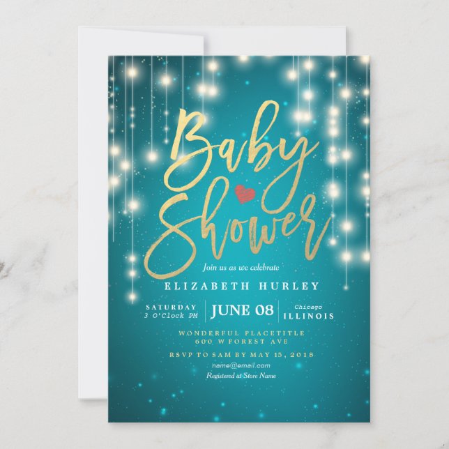 String Lights Gold Script Blue Glitzer Baby Dusche Einladung (Vorderseite)