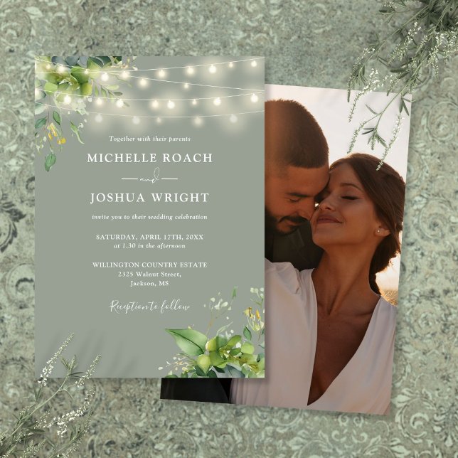 String Lights Greenerity Foto Sage Green Wedding Einladung (String Lights Greenery Photo Sage Green Wedding Invitation)