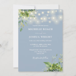String Lights Greenery Dusty Blue Monogram Wedding Einladung
