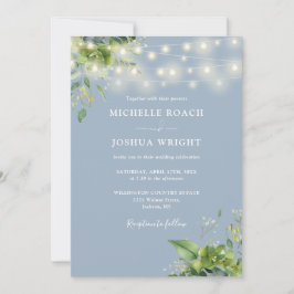 String Lights Greenery Dusty Blue QR Code Wedding Einladung