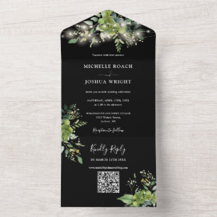 String Lights Greenery Floral QR Code Wedding All In One Einladung