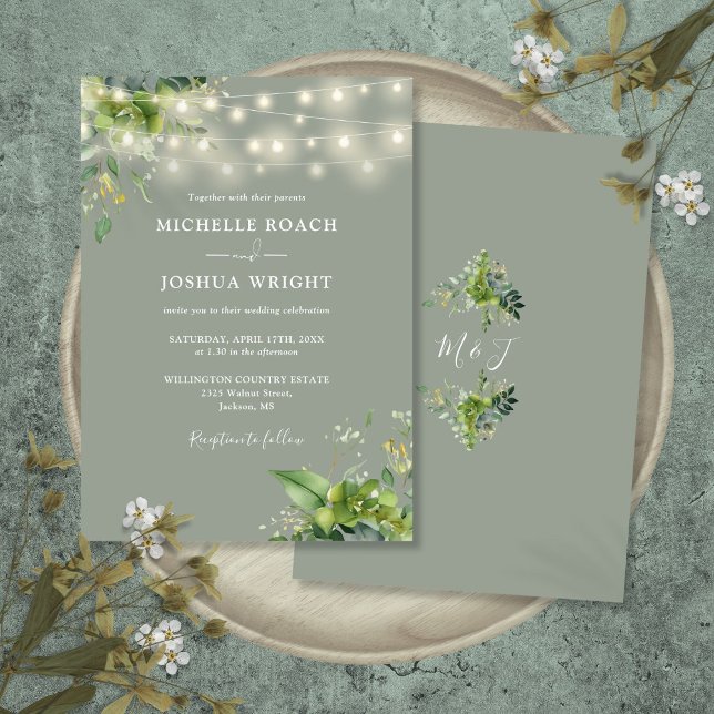 String Lights Greenery Monogram Sage Green Wedding Einladung (String Lights Greenery Monogram Sage Green Wedding Invitation)