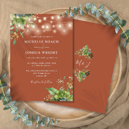 String Lights Greenery Terracotta Monogram Wedding Einladung